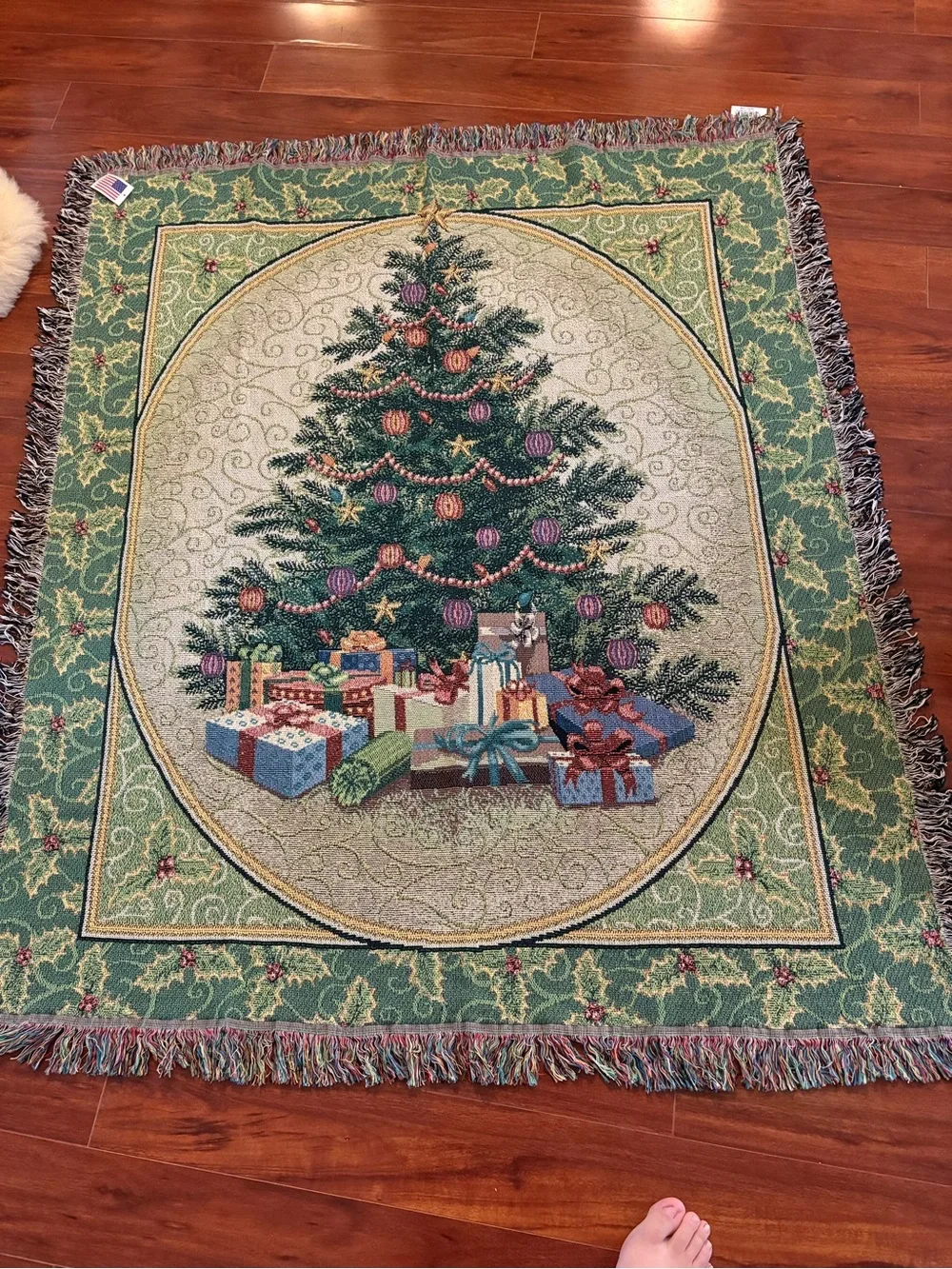 Vtg Woven Tapestry Throw Blanket Christmas Tree Winter Holiday Fringe